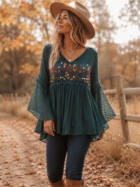 Altar'd State Teal Embroidered Bell Sleeve Tunic